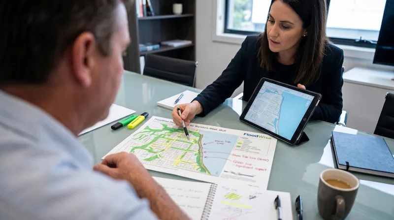 Local conveyancer and client reviewing a Wynnum FloodWise Report