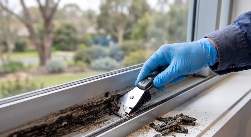A professional cleaner scraping salt grime from window tracks